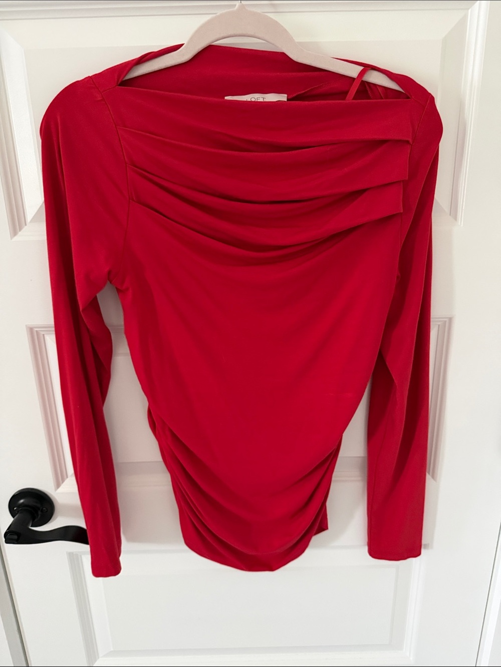 LOFT Red Long-Sleeve Draped Neck Ruched Top